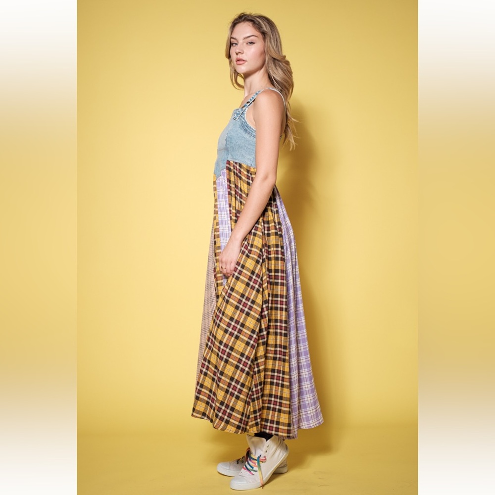 27 Boho Denim Multi Fabric Pleated Suspender Maxi Dress - Picture 6 of 7